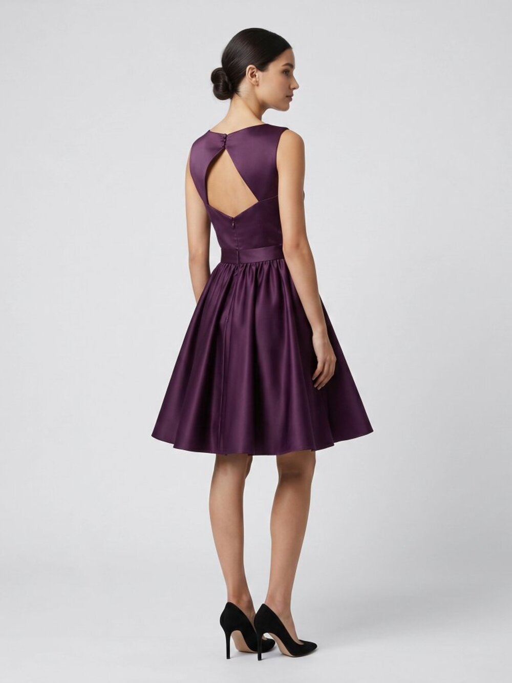 Plum Purple Satin A-Line Cocktail Dress Open Cutout Back